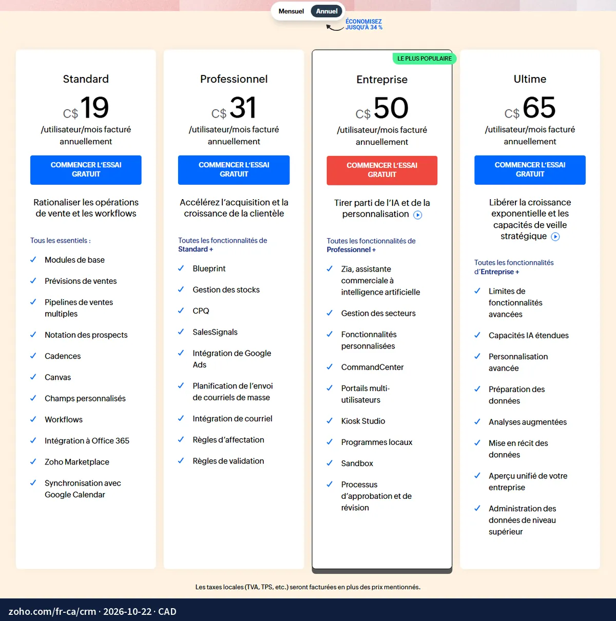 Screenshot of the page zoho.com/fr-ca/crm: Standard CA$19, Professional CA$31, Enterprise CA$50 and Ultimate CA$65 per user per month, billed annually; taxes extra.