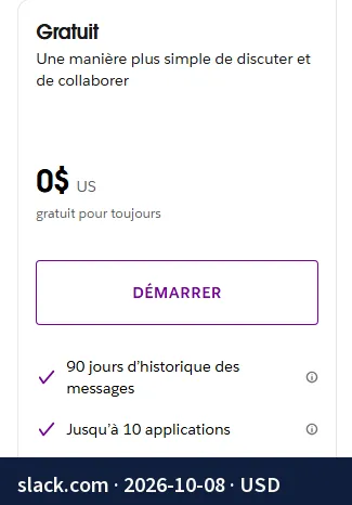 Screenshot of the page slack.com: Free plan: 90 days of message history, up to 10 apps.