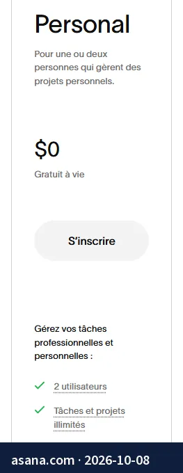Screenshot of the page asana.com: Personal plan, free forever, for 2 users.