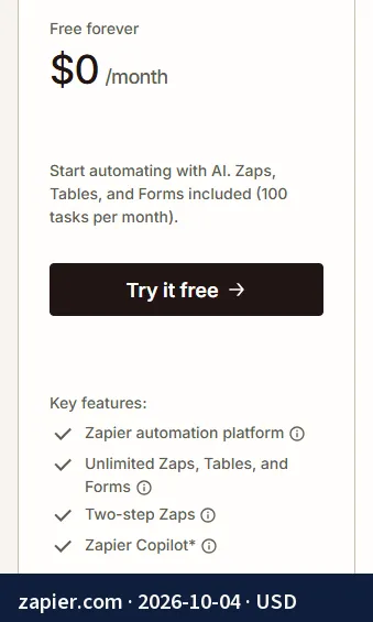 Screenshot of the page zapier.com: Free plan with no time limit, 100 tasks per month.