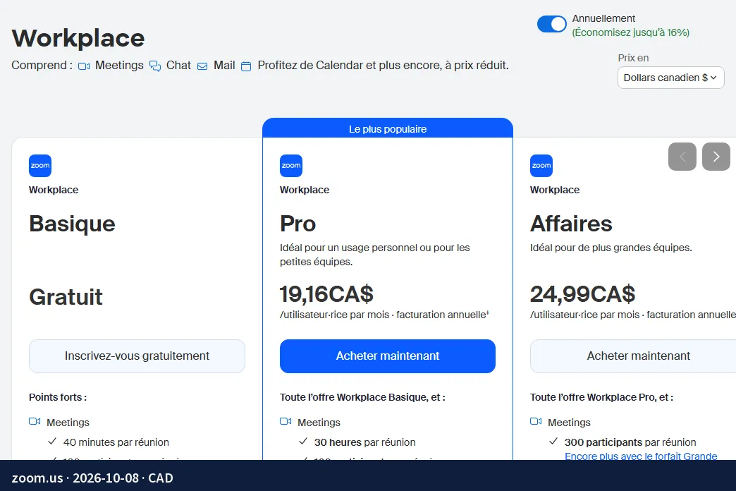 Screenshot of the page zoom.us: Workplace Pro at CA$19.16 per user per month with annual billing; Workplace Basic free, 40-minute meetings.
