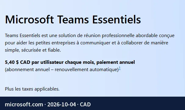 Screenshot of the page microsoft.com: Teams Essentials at CA$5.40 per user per month, annual commitment.