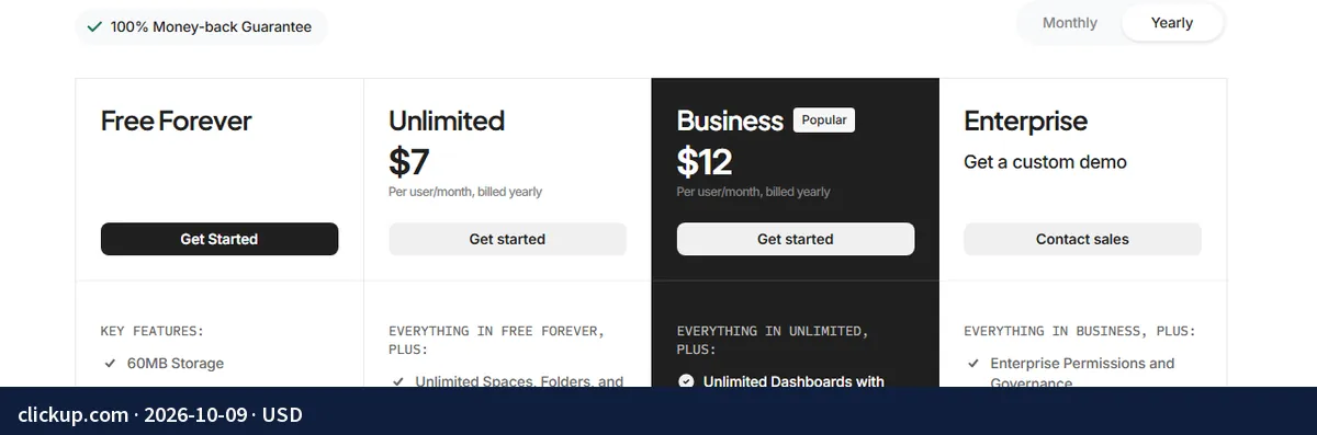 Screenshot of the page clickup.com: Free Forever, free with 60 MB of storage; Unlimited at 7 USD and Business at 12 USD per user per month with annual billing.