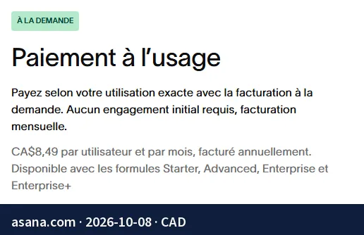 Screenshot of the page asana.com: On-demand AI option, price shown in CA$ on the pricing page for Canada.