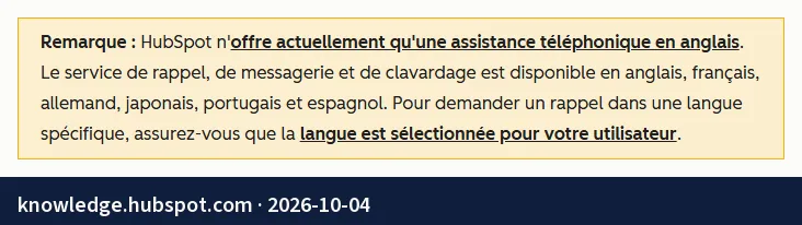 Screenshot of the page knowledge.hubspot.com: Phone support in English only; callback, messaging and chat available in French.