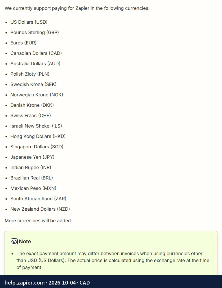 Screenshot of the page help.zapier.com: Canadian dollars (CAD) among the accepted currencies; amount calculated at the exchange rate on the day of payment.