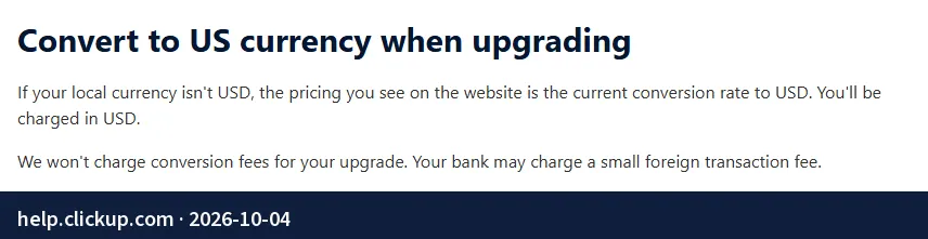 Screenshot of the page help.clickup.com: USD-only billing.