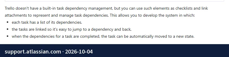 Screenshot of the page support.atlassian.com: No built-in dependency management.