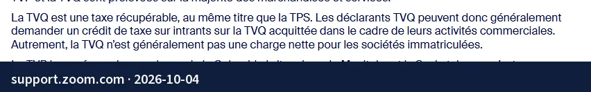 Screenshot of the page support.zoom.com: GST and QST charged, recoverable by a registered business.